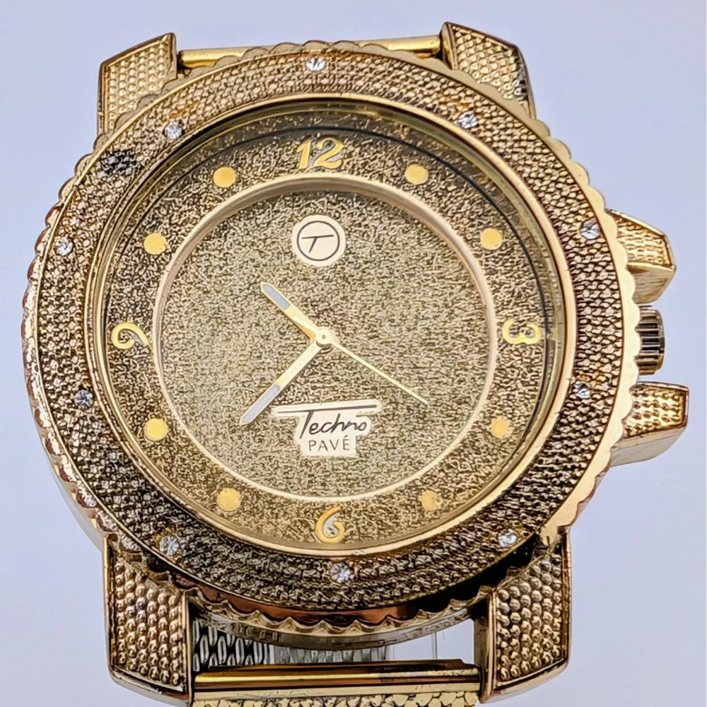 Techno Pave 7758 Men's 51mm Gold Tone Crystal Iced Bling Statement Quartz Watch